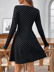Medorina Women's Casual Commuter Polka Dot Print Mini Dress,Fall - Black - View 3