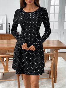 Medorina Women's Casual Commuter Polka Dot Print Mini Dress,Fall - Black - View 7
