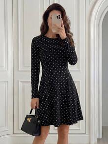 Medorina Women's Casual Commuter Polka Dot Print Mini Dress,Fall - Black - View 2