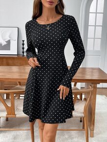 Medorina Women's Casual Commuter Polka Dot Print Mini Dress,Fall - Black - View 6