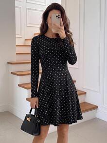 Medorina Women's Casual Commuter Polka Dot Print Mini Dress,Fall - Black - View 9