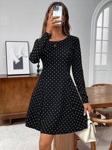 Medorina Women's Casual Commuter Polka Dot Print Mini Dress,Fall - Black - View 5