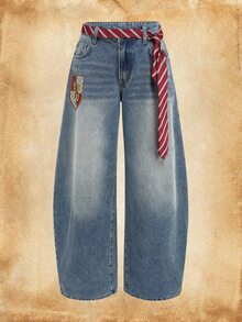 HARRY POTTER X SHEIN Women's Curved Leg Jeans With Belt - Blue - View 1