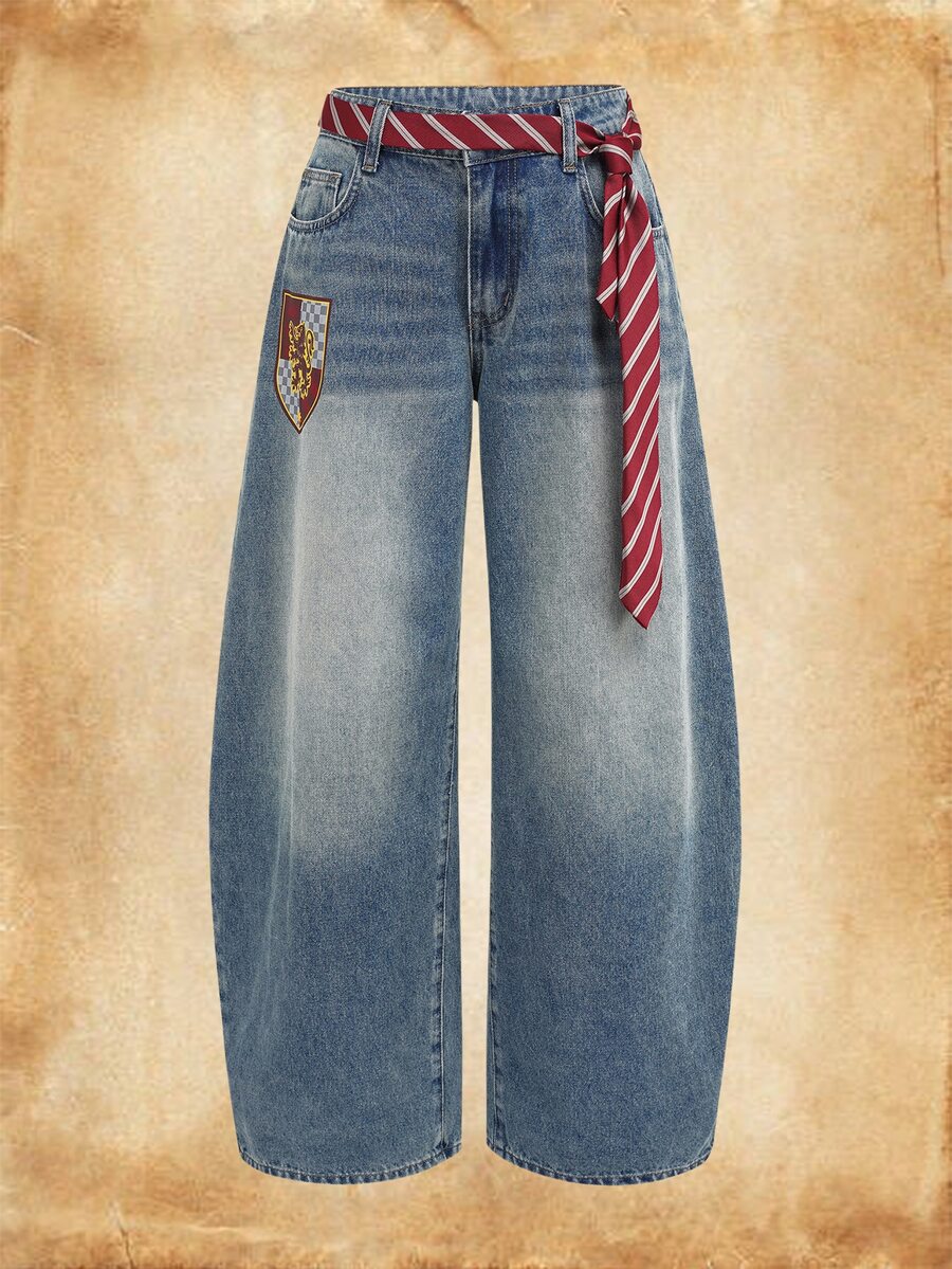 HARRY POTTER X SHEIN Women's Curved Leg Jeans With Belt - Blue - View 1