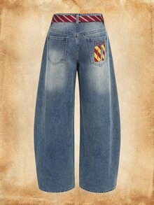 HARRY POTTER X SHEIN Women's Curved Leg Jeans With Belt - Blue - View 2