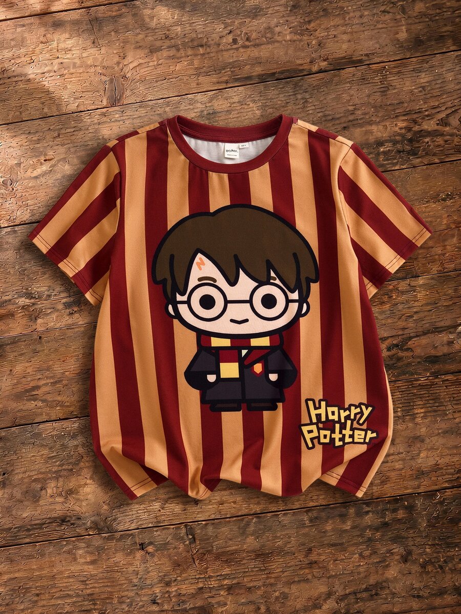 HARRY POTTER X SHEIN 青少年男孩條紋圓領短袖休閒T恤 - 紅色 - 查看 1