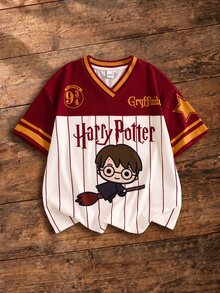 HARRY POTTER X SHEIN Tween Girl Letter Cartoon Pattern Print Striped Colorblock T-Shirt - Multicolor - View 1