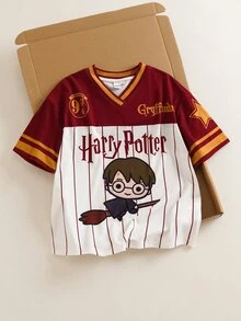 HARRY POTTER X SHEIN Tween Girl Letter Cartoon Pattern Print Striped Colorblock T-Shirt - Multicolor - View 3