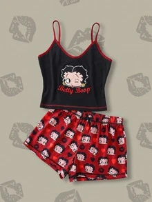 Betty Boop x SHEIN طقم بيجاما كرتوني برسومات مع حواف متباينة، ملابس علوية كامي وشورت - أسود أحمر - مشاهدة 1