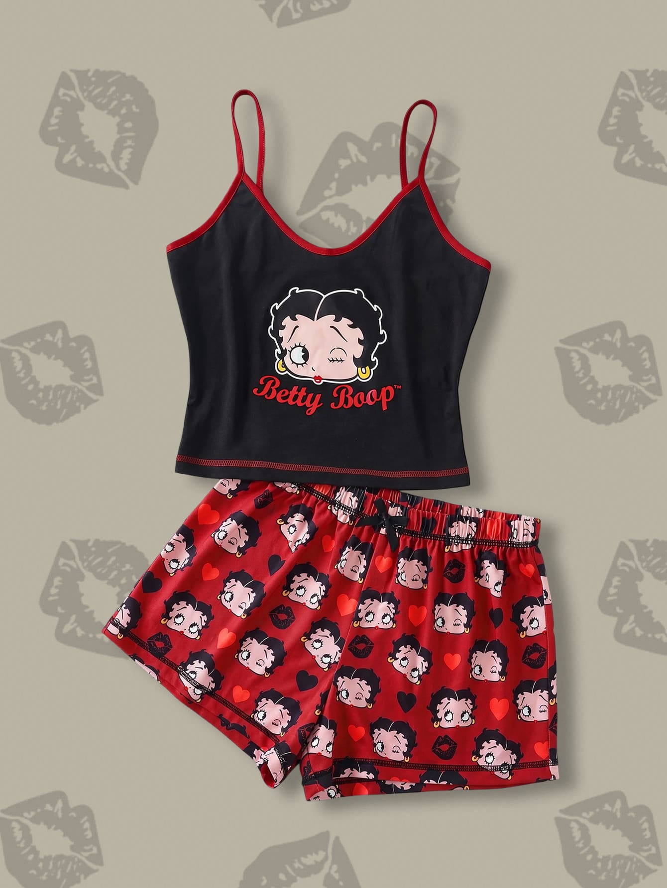 Betty Boop x SHEIN طقم بيجاما كرتوني برسومات مع حواف متباينة، ملابس علوية كامي وشورت - أسود أحمر - مشاهدة 1
