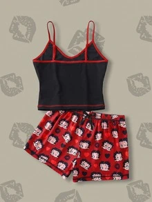 Betty Boop x SHEIN طقم بيجاما كرتوني برسومات مع حواف متباينة، ملابس علوية كامي وشورت - أسود أحمر - مشاهدة 2