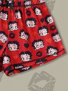 Betty Boop x SHEIN طقم بيجاما كرتوني برسومات مع حواف متباينة، ملابس علوية كامي وشورت - أسود أحمر - مشاهدة 8