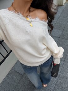 Siren Gaze 秋季女款新款不對稱純色毛衣 不對稱肩設計時尚蕾絲拼接毛衣 - 杏色 - 查看 4