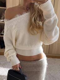 Siren Gaze Women's Off-The-Shoulder Knit Top With Lace Trim, Loose-Fit Drop-Shoulder Long-Sleeve Fuzzy Sweater For Autumn And Winter-An Elegant Women's Sweater