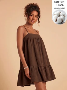 Travachic Solid Color Cami Mini Dress For Vacation And Leisure - Brown - View 1