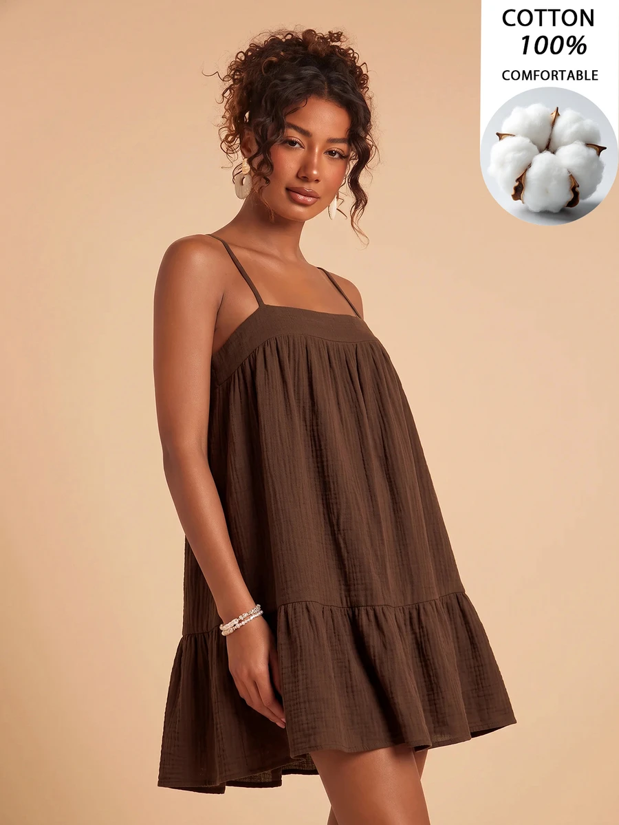 Travachic Solid Color Cami Mini Dress For Vacation And Leisure - Brown - View 1