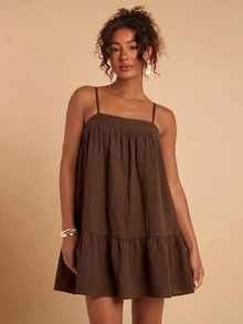 Travachic Solid Color Cami Mini Dress For Vacation And Leisure - Brown - View 3
