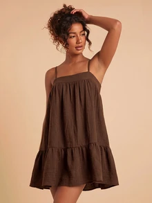 Travachic Solid Color Cami Mini Dress For Vacation And Leisure - Brown - View 6