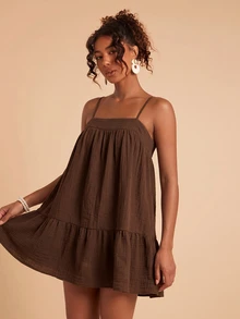 Travachic Solid Color Cami Mini Dress For Vacation And Leisure - Brown - View 7