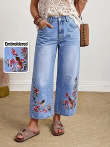 Balvessa Celana Jeans Denim Kasual Wanita dengan Saku dan Bordir Bunga, Potongan Lebar - Biru - View 2