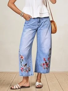 Balvessa Celana Jeans Denim Kasual Wanita dengan Saku dan Bordir Bunga, Potongan Lebar - Biru - View 11