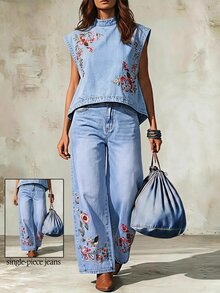 Balvessa Celana Jeans Denim Kasual Wanita dengan Saku dan Bordir Bunga, Potongan Lebar - Biru - View 15