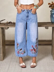 Balvessa Celana Jeans Denim Kasual Wanita dengan Saku dan Bordir Bunga, Potongan Lebar - Biru - View 5