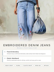Balvessa Celana Jeans Denim Kasual Wanita dengan Saku dan Bordir Bunga, Potongan Lebar - Biru - View 17