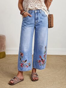 Balvessa Celana Jeans Denim Kasual Wanita dengan Saku dan Bordir Bunga, Potongan Lebar - Biru - View 13