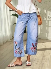 Balvessa Celana Jeans Denim Kasual Wanita dengan Saku dan Bordir Bunga, Potongan Lebar - Biru - View 10
