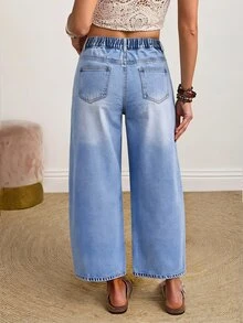 Balvessa Celana Jeans Denim Kasual Wanita dengan Saku dan Bordir Bunga, Potongan Lebar - Biru - View 3