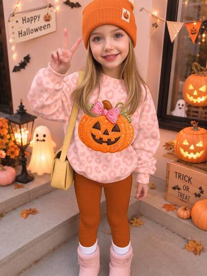 Halloween, Young Girl Casual Cute Shiny Textured Cartoon Pumpkin Pattern, Leopard Print Patchwork Pumpkin Color, Crew Neck Long Sleeve Sweatshirt & Leggings 2-Piece Set, Suitable For Autumn/Winter Party Looks, Fall Clothes, Kawaii, Chill