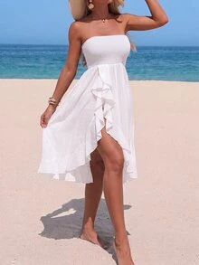 Swim Lushoire Women's Solid Color Patchwork Ruffle Strapless Cover Up Dress For Vacation - White - View 3