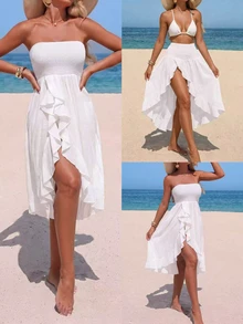 Swim Lushoire Women's Solid Color Patchwork Ruffle Strapless Cover Up Dress For Vacation - White - View 1