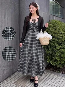 Bijouette 大尺碼秋季休閒純色短版上衣與格紋細肩帶洋裝 2件套 - 黑與白 - 查看 11
