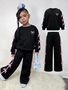 SHEIN 女童蝴蝶結前襟落肩運動衫與寬腿運動長褲套裝 - 彩色 - 查看 1