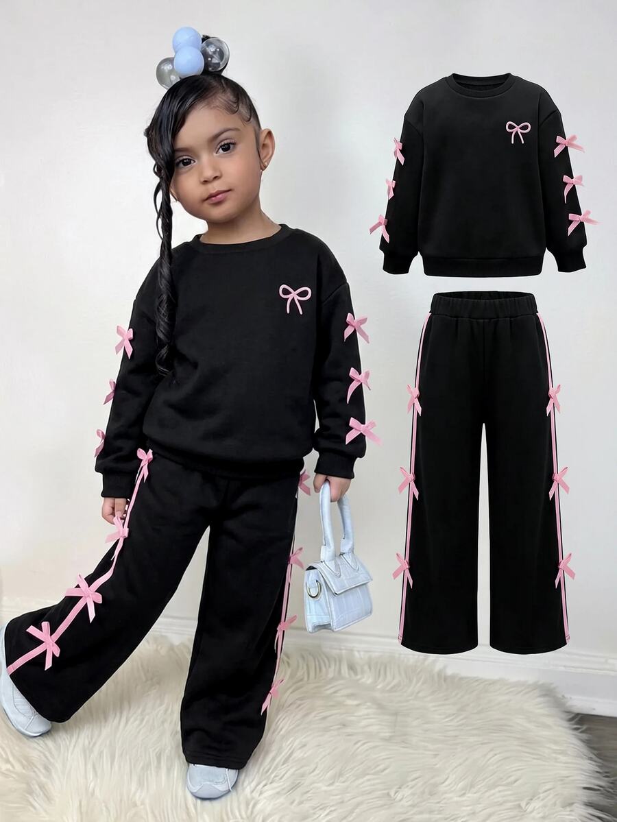 SHEIN 女童蝴蝶結前襟落肩運動衫與寬腿運動長褲套裝 - 彩色 - 查看 1