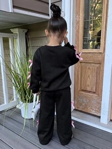 SHEIN 女童蝴蝶結前襟落肩運動衫與寬腿運動長褲套裝 - 彩色 - 查看 2