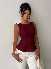 Aloruh Women's Elegant Sleeveless Blouse For Commuting, Minimalist Design Wine Red Top - Burgundy - View 6