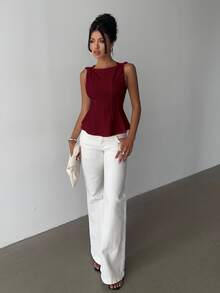 Aloruh Women's Elegant Sleeveless Blouse For Commuting, Minimalist Design Wine Red Top - Burgundy - View 4