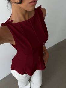 Aloruh Women's Elegant Sleeveless Blouse For Commuting, Minimalist Design Wine Red Top - Burgundy - View 5