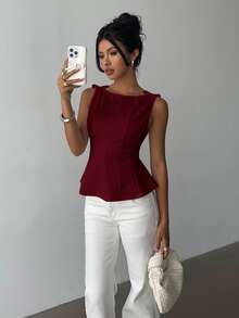 Aloruh Women's Elegant Sleeveless Blouse For Commuting, Minimalist Design Wine Red Top - Burgundy - View 7