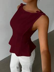 Aloruh Women's Elegant Sleeveless Blouse For Commuting, Minimalist Design Wine Red Top - Burgundy - View 8