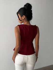 Aloruh Women's Elegant Sleeveless Blouse For Commuting, Minimalist Design Wine Red Top - Burgundy - View 3