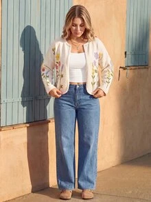 Vivid Eden Women's Plus Size Floral Print Long Sleeve Open Front Knit Cardigan Autumn Formal Evening White Corset Fairy - Beige - View 4