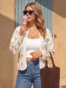 Vivid Eden Women's Plus Size Floral Print Long Sleeve Open Front Knit Cardigan Autumn Formal Evening White Corset Fairy - Beige - View 2