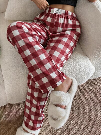 Dream Adore Women's Casual Pink Plaid Print Waistband Label Elastic Waist Straight Leg Long Pajama Pants