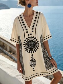 SHEIN Holidaya 花卉印花深V領性感女款洋裝，適合海灘度假、日常外出，休閒復古波希米亞風女裝，完美適用情人節、家庭聚會、新年、聖誕節，優雅迷人春/夏迷你洋裝 - 杏色 - 查看 4