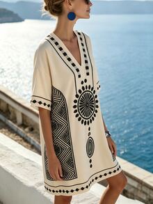SHEIN Holidaya 花卉印花深V領性感女款洋裝，適合海灘度假、日常外出，休閒復古波希米亞風女裝，完美適用情人節、家庭聚會、新年、聖誕節，優雅迷人春/夏迷你洋裝 - 杏色 - 查看 5