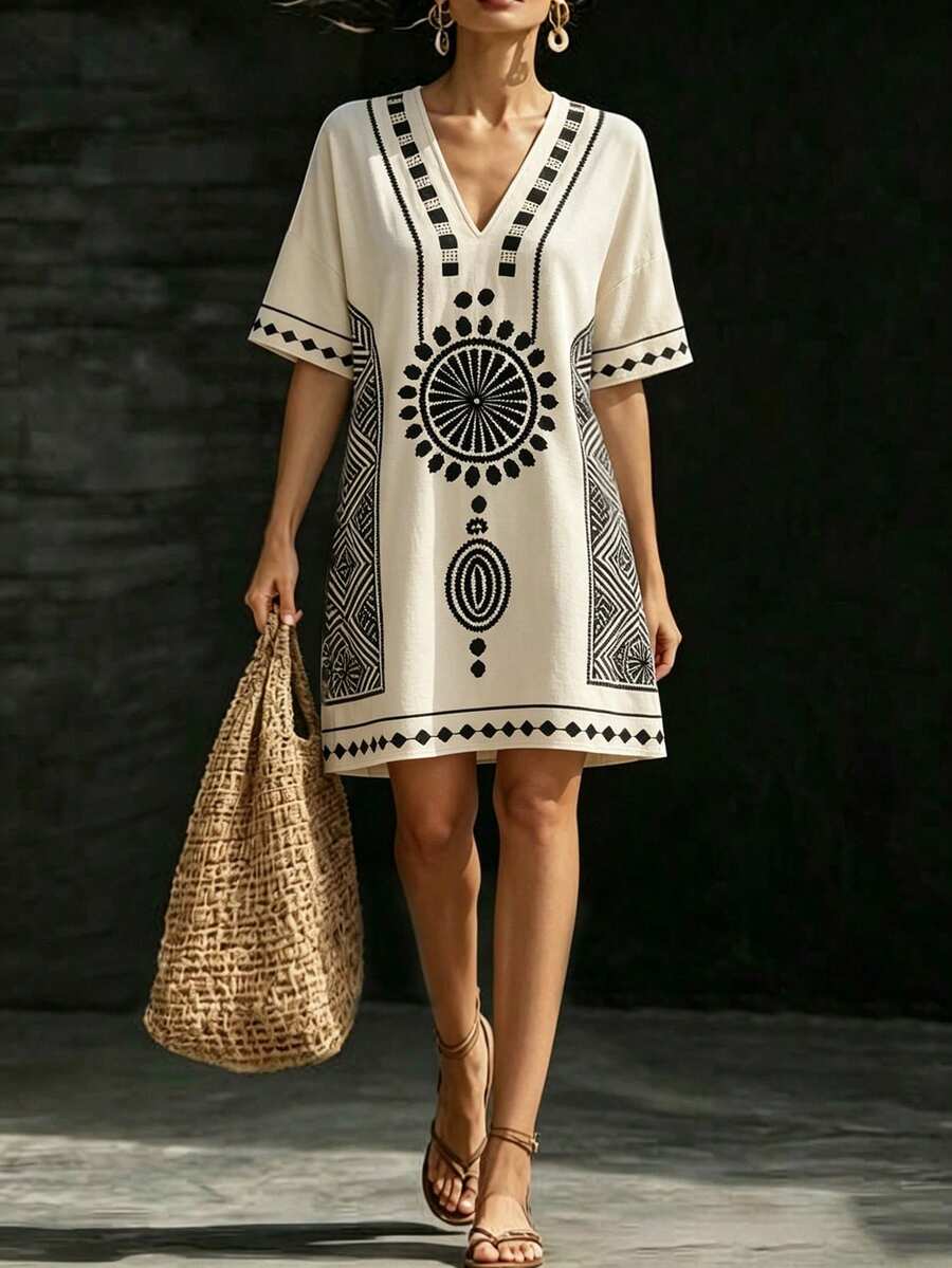 SHEIN Holidaya 花卉印花深V領性感女款洋裝,適合海灘度假、日常外出,休閒復古波希米亞風女裝,完美適用情人節、家庭聚會、新年、聖誕節,優雅迷人春/夏迷你洋裝 - 杏色 - 查看 1